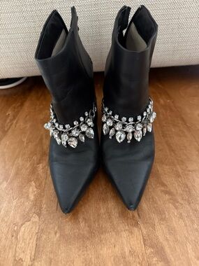SENSO Black Pointed Toe Ankle Boots with Crystal Chain